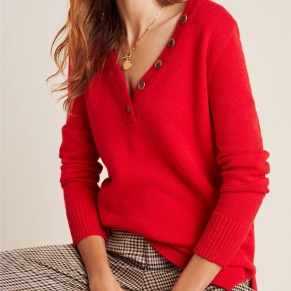 Anthropologie Serena Red V-Neck Sweater with Button Detail, XL, Women’s